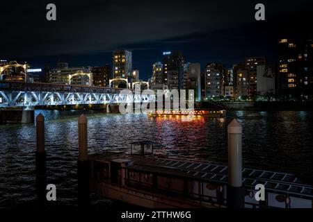 pont de train sur la rivière sumida à tokyo japon avec un bateau de passanger passant en dessous la nuit Banque D'Images