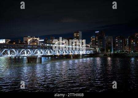 pont de train sur la rivière sumida à tokyo japon la nuit Banque D'Images