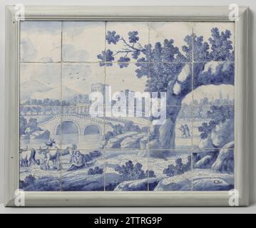 Tableau carrelé avec un paysage, boulangerie carrelée sur Delftschevaart, 1680 - 1730 Tableau carrelé de 20 tuiles (4 x 5) avec un paysage peint en bleu avec un pont et à gauche au premier plan un berger avec son bétail. Sur la droite un rocher envahi en forme d'arc. Signé juste en dessous : C : BM. Faïence Rotterdam. Majolica Tin Glaze Tile Tableau de 20 tuiles (4 x 5) avec un paysage peint en bleu avec un pont et à gauche au premier plan un berger avec son bétail. Sur la droite un rocher envahi en forme d'arc. Signé juste en dessous : C : BM. Faïence Rotterdam. majolique de glaçure d'étain Banque D'Images