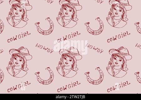 Motif Wild West avec cowgirl, fer à cheval et lettrage. Contour d'illustration vectorielle sur fond rose. Style rétro Boho. Peut être utilisé pour les vêtements, le textile, la conception de tissu. Cow-girl dessinée à la main. Illustration de Vecteur