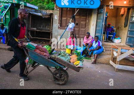 Nairobi, Kenya. 19 décembre 2023. Un homme passe devant les rues vendant des fruits sur sa brouette dans le bidonville de Kibera, Nairobi. Une vue à travers la vie quotidienne à Kibera est actuellement Africaís le plus grand bidonville et les activités commerciales quotidiennes effectuées par les résidents locaux. Crédit : SOPA Images Limited/Alamy Live News Banque D'Images