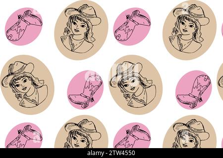 contour dessin cowgirl patron et bottes sur les ronds de couleur. Illustration vectorielle dans le style vintage. Peut être utilisé pour envelopper le papier, le textile, le papier peint. Illustration de Vecteur