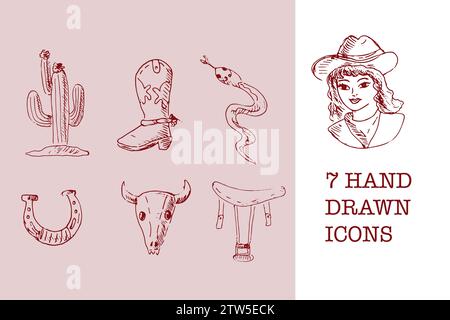 Dessin dessiné à la main esquisse les icônes sauvages de cow-girl ouest. Illustration vectorielle dans le style vintage. Ensemble vectoriel inclus cactus, cowgirl, botte, serpent, fer à cheval, crâne d'animal, selle. Illustration de Vecteur