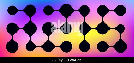 Metaballs fixés sur fond irisé. Points morph noirs connectés. Collection de motifs de taches liquides. Concept abstrait d'intégration. Ensemble d'éléments de conception arrondis pour logo, icône, étiquette, affiche. Pack Vector Illustration de Vecteur