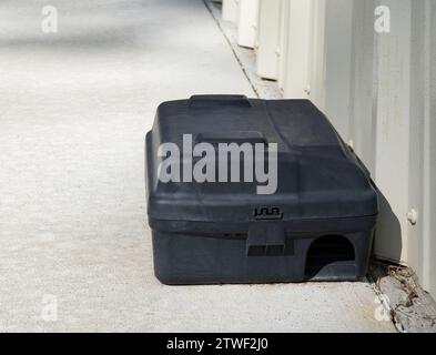 Station d'appât de rat par un mur à l'extérieur, vue avant basse angle. Solution antiparasitaire commune pour les propriétés commerciales. Banque D'Images