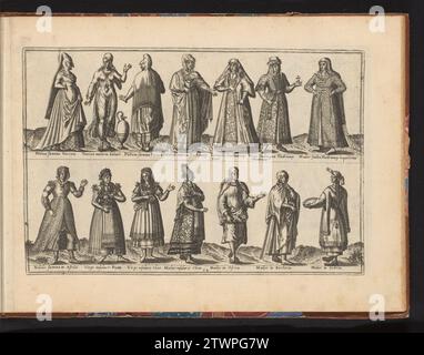 Quatorze femmes africaines et asiatiques, habillées selon la gestation d'environ 1580, en ou avant 1581 Prent expédia Het Boek 'toute la proche Europe, Asie, Aphric et Amérique nations attitude ...', 1581. Le prent Maakt deel a expédié l'album van een. Gravure sur papier Prent expédié Het Boek 'toute la proche Europe, Asie, Aphric et Amérique nations attitude ...', 1581. Le prent Maakt deel a expédié l'album van een. gravure sur papier Banque D'Images