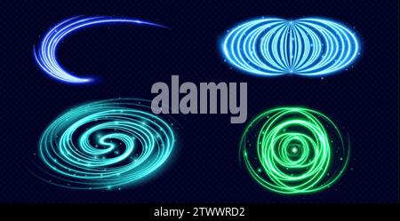 Effets de lumière de néon ensemble isolé sur fond transparent. Vector illustration réaliste de tourbillons magiques bleus, turquoises, verts avec des particules scintillantes, portails scintillants, Swoosh de vitesse d'énergie Illustration de Vecteur