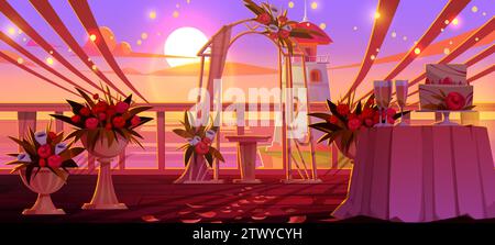 Cérémonie de mariage soirée coucher de soleil en plein air avec autel sous arche drapé et décoré de fleurs sur la rive avec phare. Illustration vectorielle de dessin animé de l'emplacement extérieur de l'événement de mariage de la nature. Illustration de Vecteur