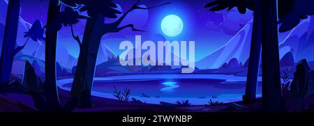 Paysage sombre de nuit de dessin animé avec lac dans la forêt au pied de la montagne sous la lumière de la pleine lune. Paysage naturel de vecteur de crépuscule avec des buissons et des arbres sur la rive de l'étang, collines rocheuses, ciel étoilé avec des nuages. Illustration de Vecteur