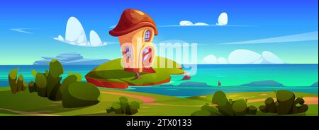 Maison de champignons GNOME sur l'île de mer. Illustration de dessin animé vectoriel de paysages de conte de fées, cabane naine fantastique avec porche et fenêtres rondes sur terre avec de l'herbe verte et des buissons, paysage marin d'été, ciel bleu Illustration de Vecteur