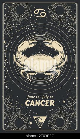 Signe du zodiaque cancer, carte d'astrologie moderne avec des symboles, fond noir étoilé mystique. Dessin vectoriel réaliste d'une main, carte horoscope Illustration de Vecteur