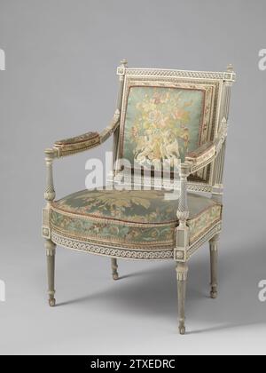 Armstoel Kops-Amoublement, Anonyme, c. 1793 - C. 1795 fauteuil de l'aublement de la tête, peint en bois de hêtre blanc et bleu-gris. Les règles de siège et les seuils de la lunette arrière montrent un pneu tressé poignardé avec des rosettes. Des entretoises en forme de vase avec des cannelles à ailettes soutiennent les accoudoirs avec des oreillers, qui débordent avec une feuille d'acanthe dans les colonnes toscanes de la fenêtre arrière. Le rembourrage présente des motifs floraux sur un sol satiné bleu clair, maintenu sur le dos par des griffons. Commandé pour le bâtiment Nieuwe Gracht 74, Haarlem. VOIR BK-15614, 15615-A/P, 15616-A/B. Travailleur du meuble : Netherlandsdesigner : Am Banque D'Images