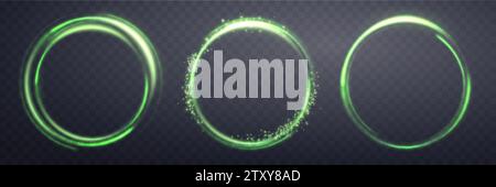 Anneaux magiques verts ensemble, avec des particules brillantes. Anneau halo néon réaliste à diffusion d'énergie. Effet de lumière abstrait sur un fond transparent foncé. Vecteur Illustration de Vecteur