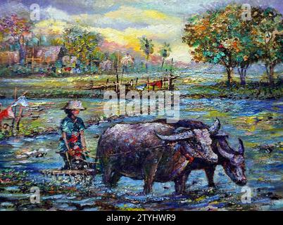 Peinture d'art couleur huile plowman rural thaïlande Banque D'Images