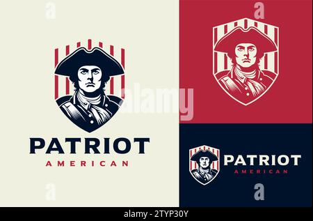 Silhouette d'un visage patriote américain portant un chapeau avec un bouclier rayé rouge. United States Revolutionary War Soldier Vintage Design. Rouge, Bleu foncé Illustration de Vecteur