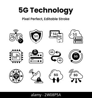 Libérez votre créativité avec nos icônes de réseau 5G Donnez à vos visuels des icônes élégantes et modernes qui symbolisent la puissance de la connectivité haut débit. Illustration de Vecteur