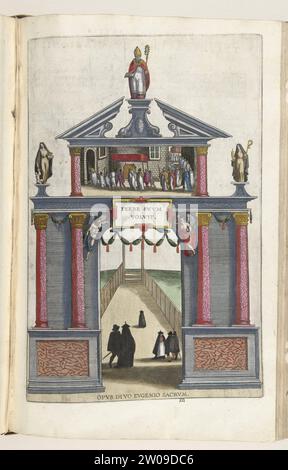 Petite porte de Triomphe en l'honneur de St. Eugenius, 1599, 1599 petite porte Triomphe en l'honneur de St. Eugenius, décembre 1599. Triumphpoort orne une représentation des funérailles de Saint Eugenius et avec diverses images de saints. Lors de l'arrivée à Anvers. Partie de : Historica Narratio Profectionis et Informationis Serenissimorum Belgii Principum Alberti et Isabellae Austriae Archiducum, la description de l'entrée du couple à Bruxelles, Anvers, Gand et Valenciennes, 1599. Imprimeur : Southern Netherlandspublisher : Anvers gravure sur papier Anvers petite porte Triomphe en l'honneur de St. Eugenius, Banque D'Images