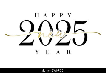 Nouvelle année 2025 bannière créative avec mignon numéro isolé 20 25, éléments noirs et dorés. Style manuscrit. Fond blanc. Design noir et blanc. Illustration de Vecteur