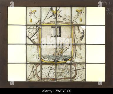 Fenêtre avec un spectacle de marine dans un blason avec légende 'Pieter Claesz Nannes van Midwout. Genesis 16 & 29 Anno 1608', Anonyme, 1608 fenêtre avec un spectacle de marine dans un blason avec légende 'Pieter Claesz Nannes van Midwout. Genèse 16 & 29 Anno 1698'. verre. plomb (métal). Fenêtre avec un spectacle de marine dans un blason avec légende 'Pieter Claesz Nannes van Midwout. Genèse 16 & 29 Anno 1698'. verre. plomb (métal). Banque D'Images