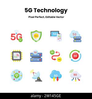 Libérez votre créativité avec nos icônes de réseau 5G Donnez à vos visuels des icônes élégantes et modernes qui symbolisent la puissance de la connectivité haut débit. Illustration de Vecteur