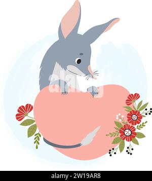 Mignon bilby avec coeur et fleurs. Animal australien. Personnage émaillé Valentine. Illustration vectorielle dans le style de dessin animé plat Illustration de Vecteur