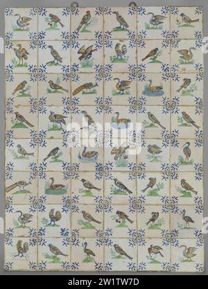 Champ de quarante-huit tuiles avec des oiseaux, anonyme, c. 1640 - c. 1660 champ de quarante-huit tuiles (8 x 6) chacune avec un oiseau peint multicolore (bleu, vert, jaune et orange) sur un sol avec un lys dans les coins. Faïence néerlandaise. Majolica émaillé d'étain champ de quarante-huit tuiles (8 x 6) chacune avec un oiseau peint multicolore (bleu, vert, jaune et orange) sur un sol avec un lys dans les coins. Faïence néerlandaise. majolique de glaçure d'étain Banque D'Images