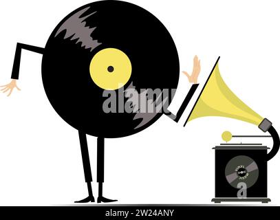 Bande dessinée long jouant record. Tourne-disque rétro. Bande dessinée long jouant record debout près d'un tourne-disque rétro. Isolé sur fond blanc Illustration de Vecteur