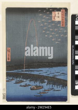 VUURWERK BIJ DE RYOGOKU Brug, Hiroshige (I), Utagawa, 1858 vue du pont Ryogoku sur la rivière Sumida, lors d'un festival nocturne avec feux d'artifice. Spectateurs sur le pont et dans les bateaux illuminés. Imprimeur : Japanpublisher : Tokyo papier couleur gravure sur bois vue du pont Ryogoku sur la rivière Sumida, lors d'un festival nocturne avec feux d'artifice. Spectateurs sur le pont et dans les bateaux illuminés. Imprimeur : Japanpublisher : Tokyo papier couleur gravure sur bois Banque D'Images