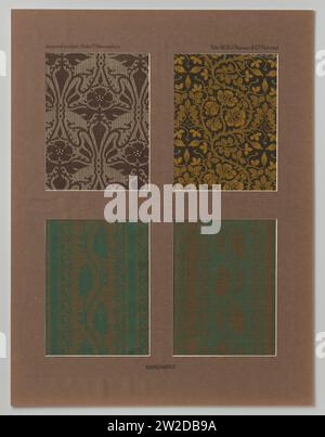 Tissu de rideau en acier conçu par Theo Nieuwenhuis, in passe-partout, Theo Nieuwenhuis, c. 1910 carte en acier avec quatre échantillons de tissu de rideau sur le dessin de Theo Nieuwenhuis. En passe-partout original. Trois motifs avec des motifs floraux de différentes couleurs : impact brun sur la chaîne blanche ; impact jaune moutarde sur la chaîne brune (motif : branches de rosette) ; impact vert foncé sur la chaîne brune. Les deux échantillons inférieurs sont identiques l'un à l'autre, mais exécutés dans un schéma de couleurs opposé. Netherlandsmaker : Helmond Staal : coton (textile). PASE-PARTOUT : carte en acier jacquard en carton avec quatre échantillons fabriqués Banque D'Images