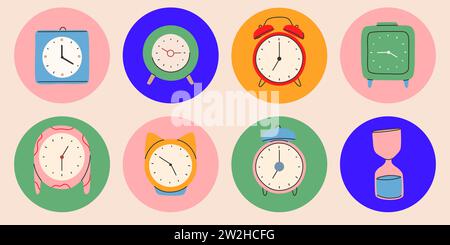 Différents types de montres dans un style tendance. Icônes d'horloge réglées. Style dessiné à la main à la mode.Print, affiche, bannière.Vector Illustration de Vecteur