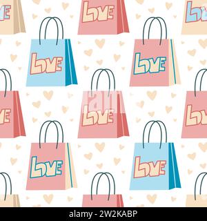 Sacs artisanaux avec inscription Love motif sans couture. Fond mignon pour Saint Valentin. Imprimé romantique avec sacs à provisions en papier. Illustration vectorielle Illustration de Vecteur