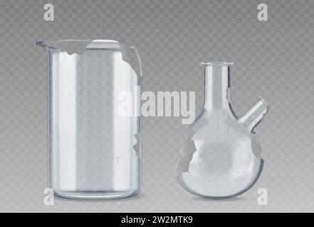 Ensemble de verrerie de laboratoire cassé isolé sur fond transparent. Vector illustration réaliste de bécher de laboratoire endommagé et flacon avec verre fissuré, Illustration de Vecteur
