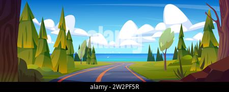 Route asphaltée avec des arbres et des sapins sur les côtés mène à la mer. Paysage vectoriel de dessin animé avec océan ou lac à l'horizon et autoroute à l'eau. Nature verte et Illustration de Vecteur