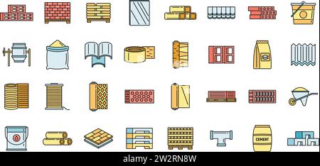 Ensemble d'icônes de matériaux de construction modernes. Contour ensemble d'icônes vectorielles de matériaux de construction modernes couleur de ligne mince à plat sur blanc Illustration de Vecteur