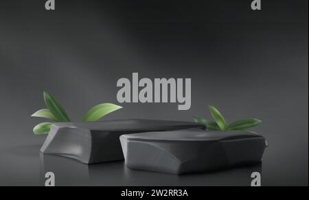podium en pierre 3d pour fond d'affichage de produit cosmétique. Stand de roche de beauté minimal pour vitrine de salle de bain avec scène de feuilles vertes. Blac moderne abstrait Illustration de Vecteur