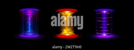 Portails de lumière futuriste ensemble isolé sur fond noir. Illustration réaliste vectorielle de néon bleu, violet, jaune hologrammes pour le jeu spatial ui desi Illustration de Vecteur