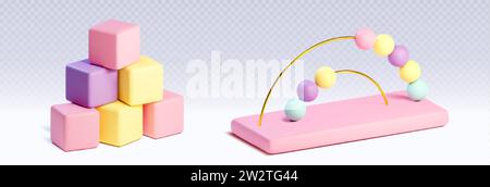 Jouets pour enfants à des fins éducatives et de formation. Ensemble d'illustration vectorielle de dessin animé rendu en 3D de jeux d'apprentissage pour enfants dans des couleurs pastel - blocs cubes Illustration de Vecteur