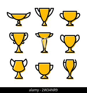 Ensemble d'icônes de coupe Golden Winner. Collection de symboles de trophée de champion, signe de récompense de sport. Gagnant prix, champions célébration gagnant concept isolé sur blanc Illustration de Vecteur