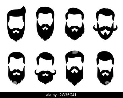 Définissez les visages des hommes hipster barbus avec différentes coupes de cheveux, moustaches, barbes. Avatar homme tendance, silhouettes, têtes, emblèmes, icônes, étiquettes. Salon de coiffure Illustration de Vecteur