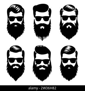 Réglez les visages des hommes hipster barbus avec des lunettes, différentes coupes de cheveux, moustaches, barbes. Avatar homme tendance, silhouettes, têtes, emblèmes, icônes, étiquettes Illustration de Vecteur