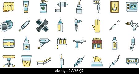 Ensemble d'icônes de studio de tatouage de ville. Contour ensemble d'icônes vectorielles de studio de tatouage de ville couleur mince de ligne à plat sur blanc Illustration de Vecteur