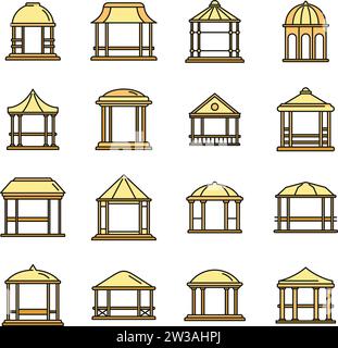 Ensemble d'icônes de belvédère d'été. Contour ensemble d'icônes vectorielles de gazebo d'été couleur de ligne mince à plat sur blanc Illustration de Vecteur