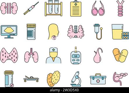 Icônes de médecin endocrinologue définies. Contour ensemble d'icônes vectorielles de médecin endocrinologue couleur fine de ligne plate sur blanc Illustration de Vecteur