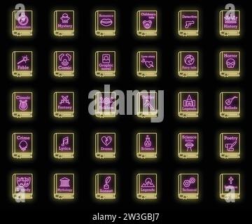 Jeux d'icônes de livres de genres littéraires. Contour ensemble de genres littéraires icônes vectorielles de livre couleur néon sur noir Illustration de Vecteur