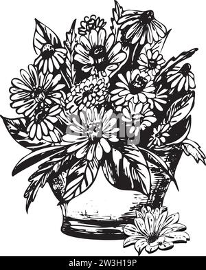 Illustration à l'encre dessinée à la main. Pot de jardin avec des fleurs. Illustration vectorielle Illustration de Vecteur