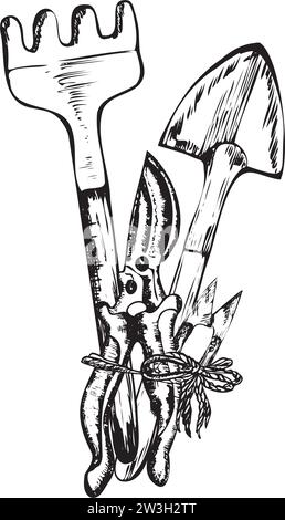 Illustrations à l'encre dessinées à la main. Un ensemble d'outils de jardin, truelles, coupe-haies, râteaux. Illustration vectorielle Illustration de Vecteur