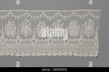 Bande côté application avec bouquets et triple bord d'ornement, anonyme, c. 1860 bande côté application de couleur naturelle : canette avec détails côté aiguille appliqués sur tulle mécanique. Un motif répétitif avec deux bouquets différents se dresse sur un beau sol hexagonal de Maas, avec un motif errant d'anneaux. Un bouquet se compose d'une fleur d'horloge entourée de neuf fleurs de rosette plus petites et de longues branches de feuilles suspendues. L'autre bouquet se compose de quatre grandes fleurs de rosette entourées de branches avec des feuilles. Les trois bords d'ornement existent de haut en bas : un pneu droit avec lacet aiguille -côté Banque D'Images