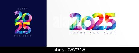 2025 Happy New Year design de logo typographique à facettes colorées. icône du numéro de célébration du nouvel an 2025. Illustration vectorielle Illustration de Vecteur