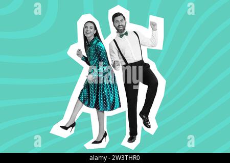 Heureux couple dansant sur fond lumineux. Collage créatif avec homme et femme élégants. Concept de musique, fête, mode, style de vie Banque D'Images