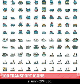 100 icônes de transport définies. Ligne de couleur ensemble d'icônes de vecteur de transport couleur ligne fine plat sur blanc Illustration de Vecteur